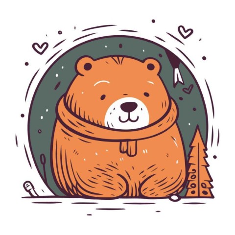 Cute cartoon bear with scarf. Vector illustration in doodle styl