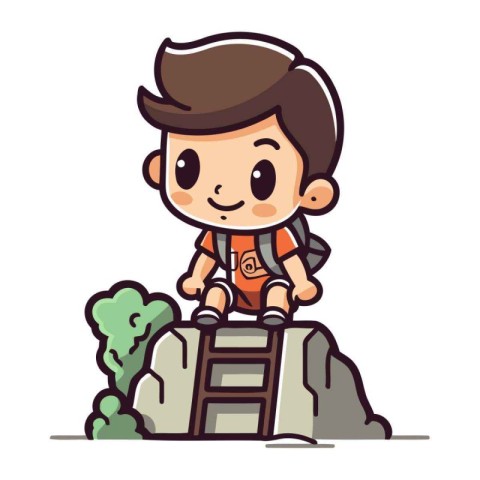 Cute little boy climbing on a rock. vector cartoon illustration.