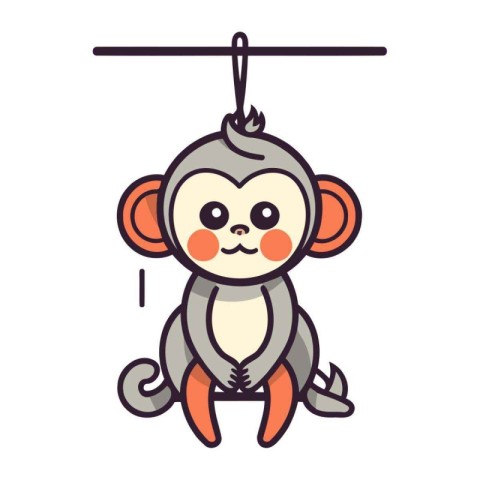 Cute cartoon monkey character sitting on a rope. Vector illustra