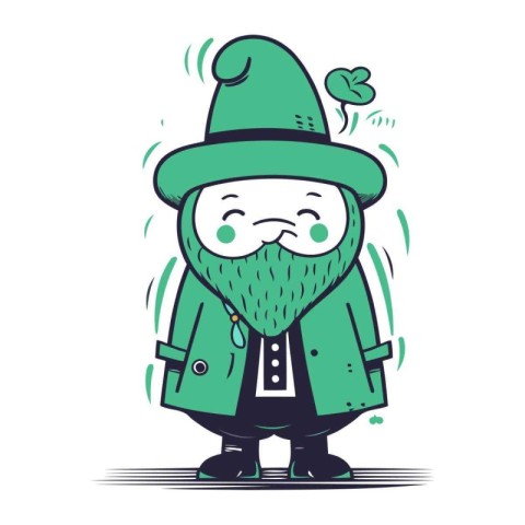 Leprechaun in green coat and hat. Vector illustration.