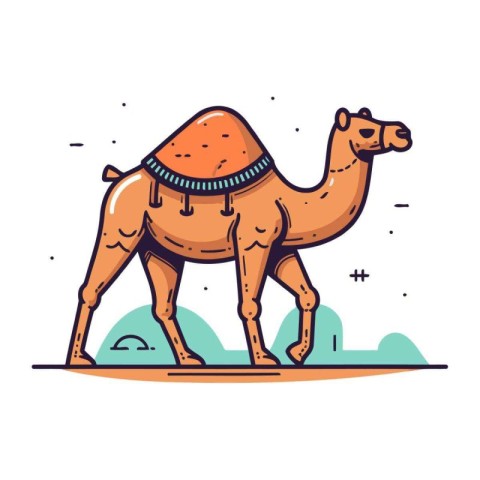 Camel vector illustration in flat line style. Cute cartoon camel