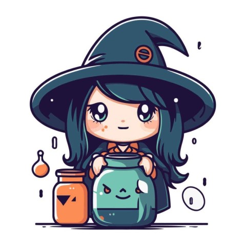 Cute little witch with jar of potion. Halloween vector illustrat