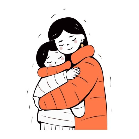 Mother and daughter in warm clothes hugging each other. Vector i