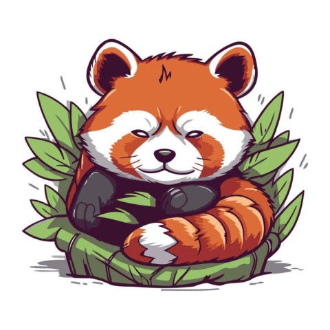 Cute red panda sitting on a leaf. Vector illustration.