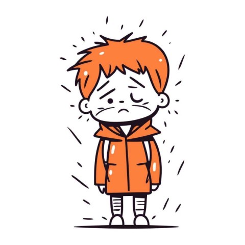 Frightened little boy in raincoat. Cartoon vector illustration.