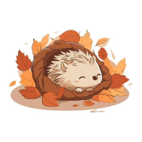 Cute hedgehog sleeping in the autumn leaves. Vector illustration