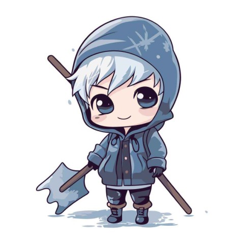 Cute cartoon boy in winter clothes with axe. Vector illustration