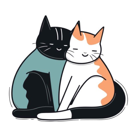 Vector illustration of two black and white cats sitting on the f