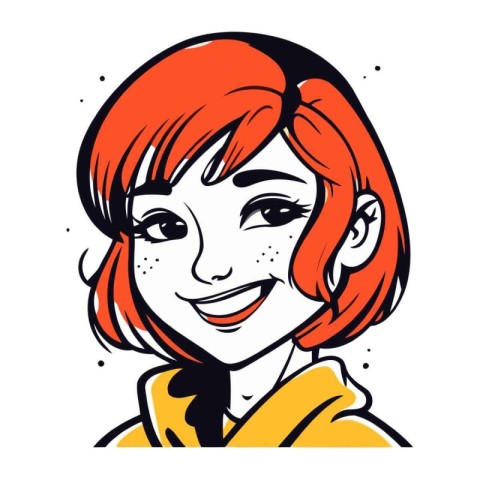 Vector illustration of a girl with red hair in a yellow coat.