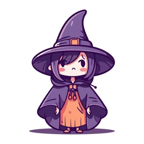 Cute little girl witch in halloween costume. Vector illustration