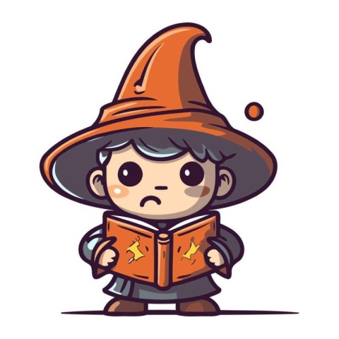 Cute boy in witch costume reading a book. Vector illustration.