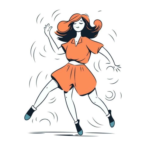 Beautiful girl in a red dress jumping and dancing. Vector illust