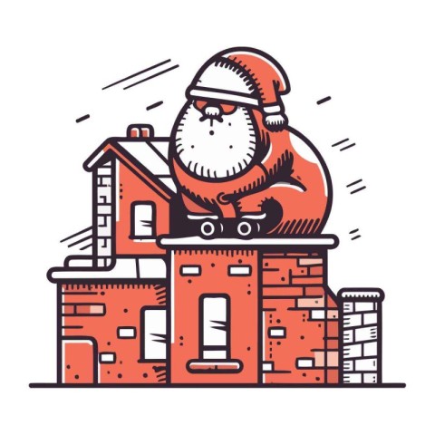 Santa Claus sitting on the roof of a house. Vector illustration.