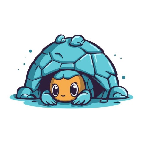 Cute little turtle in an igloo. Cartoon vector illustration.