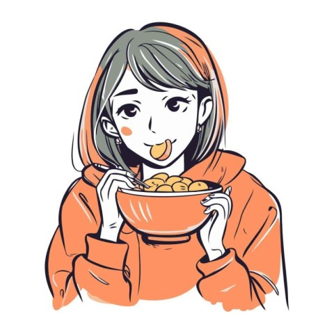 Illustration of a young woman holding a bowl of potato chips.