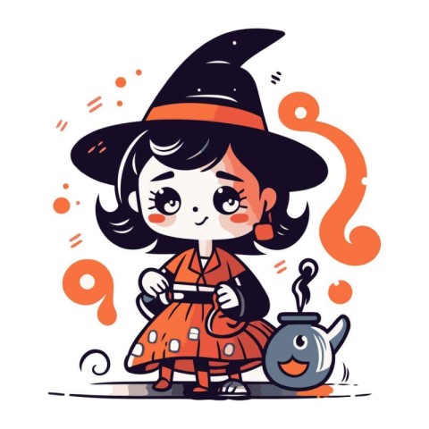 Cute little girl in witch costume. Vector illustration in cartoo