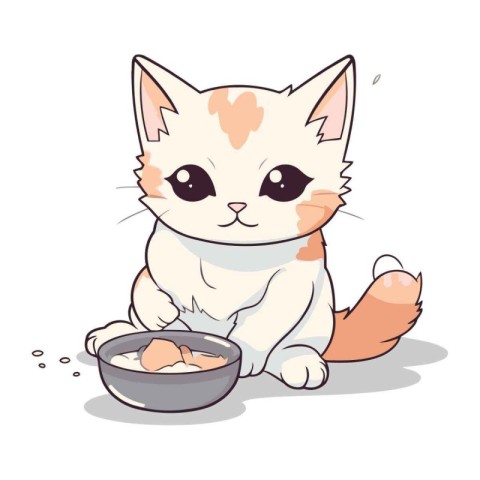 Cute cartoon cat with a bowl of food. Vector illustration.