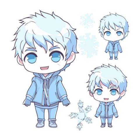 Cute boy and girl in winter clothes with snowflakes.