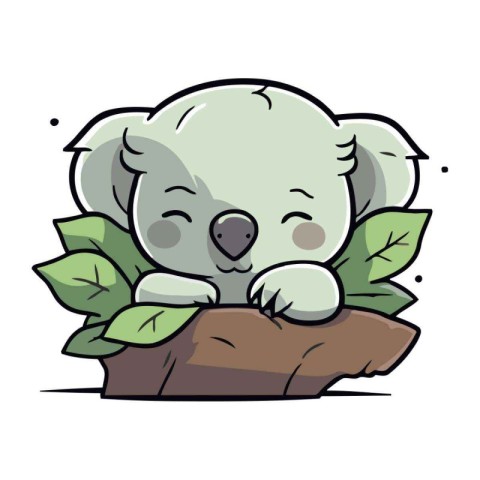 Cute cartoon koala with green leaves on a rock. Vector illustrat