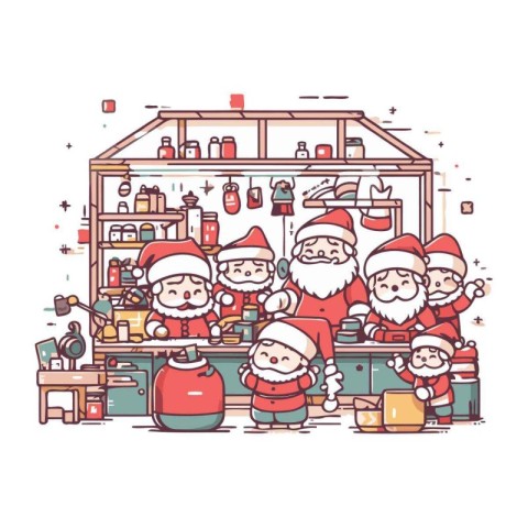 Santa Claus and his helpers standing in the store. Vector illust