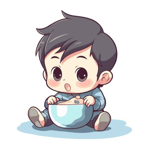 Illustration of a Cute Little Baby Boy Eating a Bowl of Milk