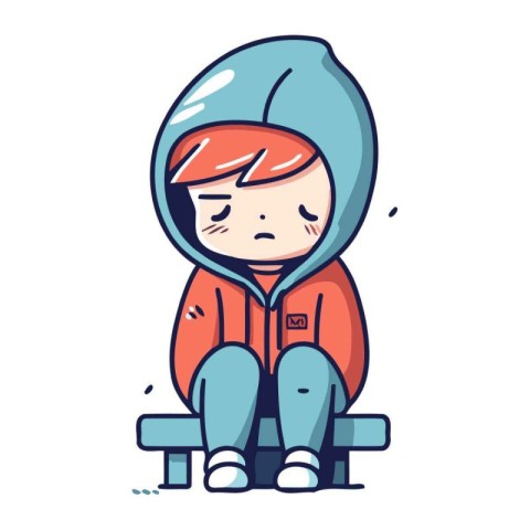 Sad boy sitting on bench. Vector illustration in doodle style.