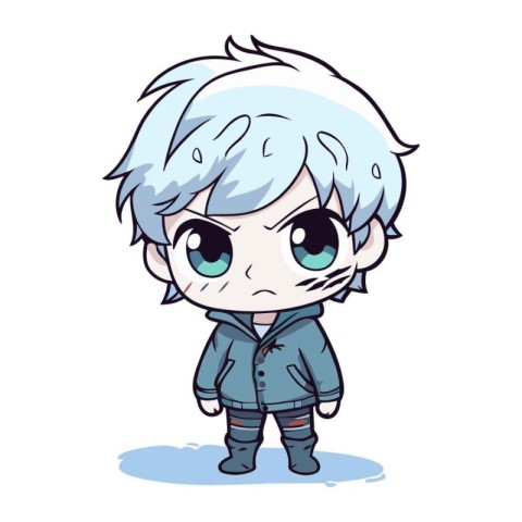 Cute anime boy with big eyes and blue eyes. Vector illustration.