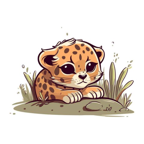 Cute cartoon cheetah sitting on the ground. Vector illustration.