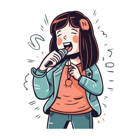 Cute girl singing karaoke with microphone. Vector illustration.