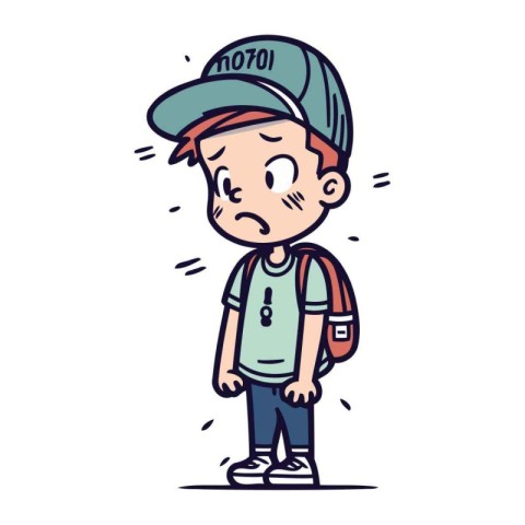 Sad boy with backpack and cap. Vector illustration in doodle sty