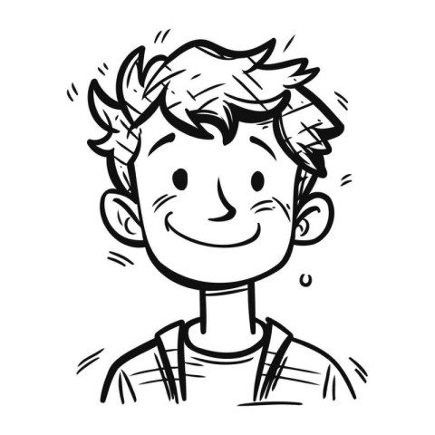 Black and White Cartoon Illustration of a Teenage Boy Smiling