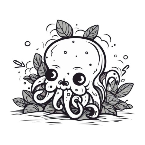 Octopus with leaves. Vector illustration in doodle style.