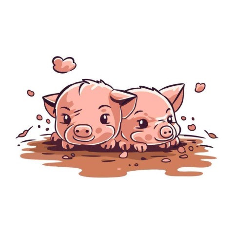 Cute little pig in the mud. Vector illustration on white backgro