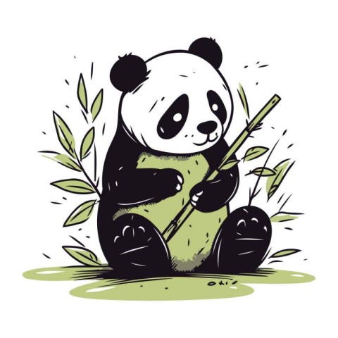 Cute panda bear with bamboo. Hand drawn vector illustration.