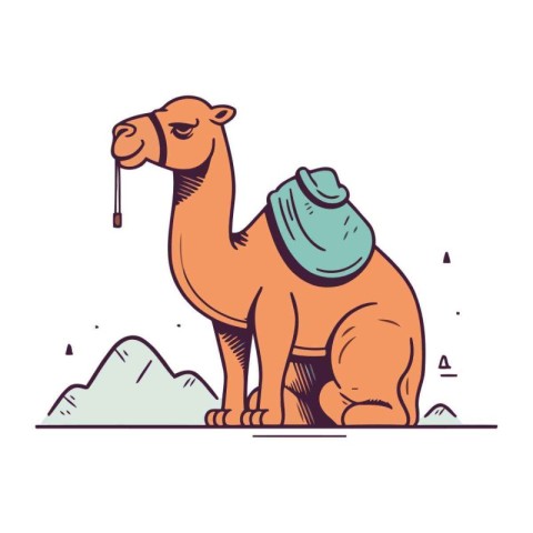 Camel sitting on the rock. Vector illustration in cartoon style.