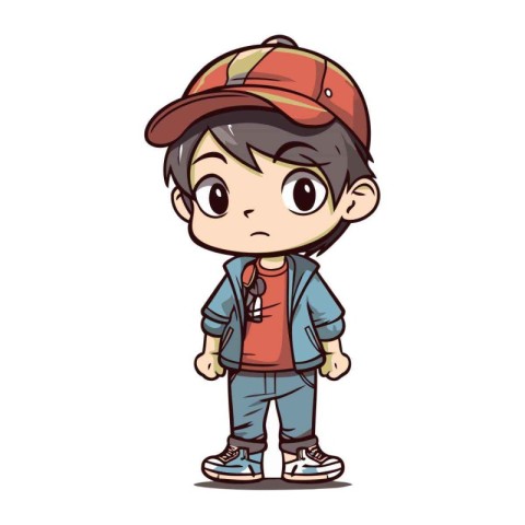 Boy in baseball cap and shorts. Vector illustration. Cartoon sty