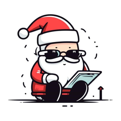 Cartoon Santa Claus in sunglasses with tablet PC. Vector illustr