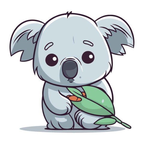 Cute koala with a leaf in his hand. Vector illustration.