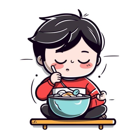 Illustration of a Kid Boy Eating Rice in a Bowl   Vector