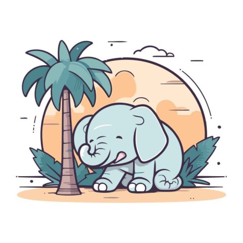 Cute cartoon elephant and palm tree on the beach. Vector illustr