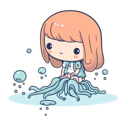 Cute cartoon little girl playing with sea animal. Vector illustr