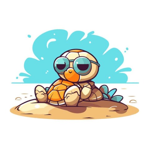 Cute little turtle cartoon character sitting on the sand. Vector