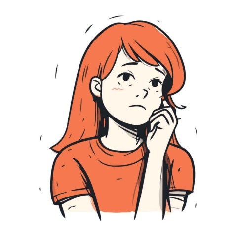 Sad girl talking on the phone. Vector illustration in sketch sty