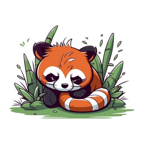 Cute red panda sitting on the grass. Vector illustration.