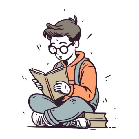 Vector illustration of a young man reading a book sitting on the