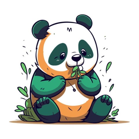 Cute cartoon panda sitting on the grass. Vector illustration.