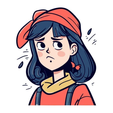 Vector illustration of a girl with a sad face in a cap.