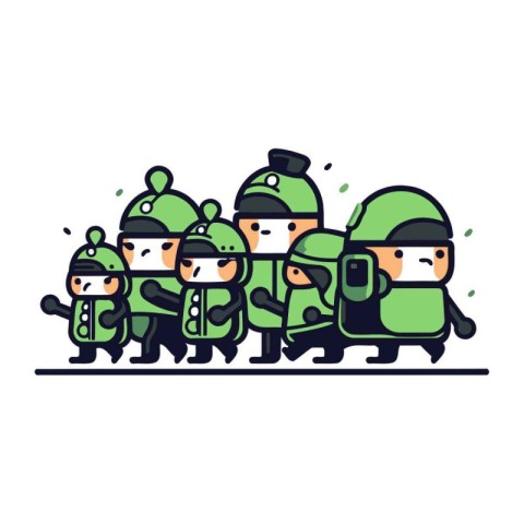 Soldiers in green uniforms and helmets stand in line. Vector ill