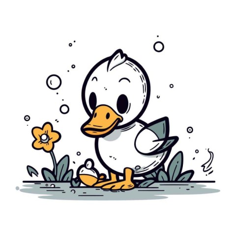 Duckling with a watering can and flowers. Vector illustration.