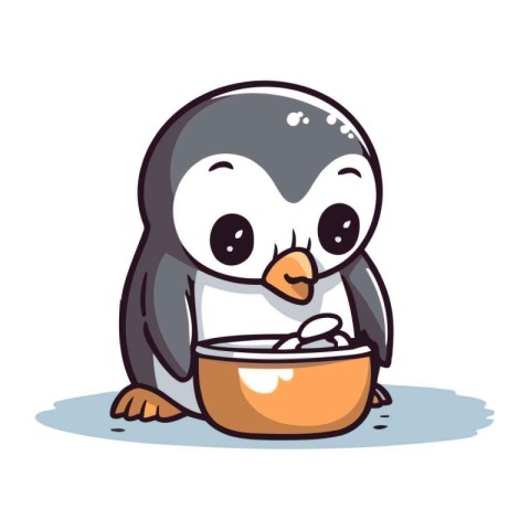 Cute penguin with a bowl of soup. Vector illustration.